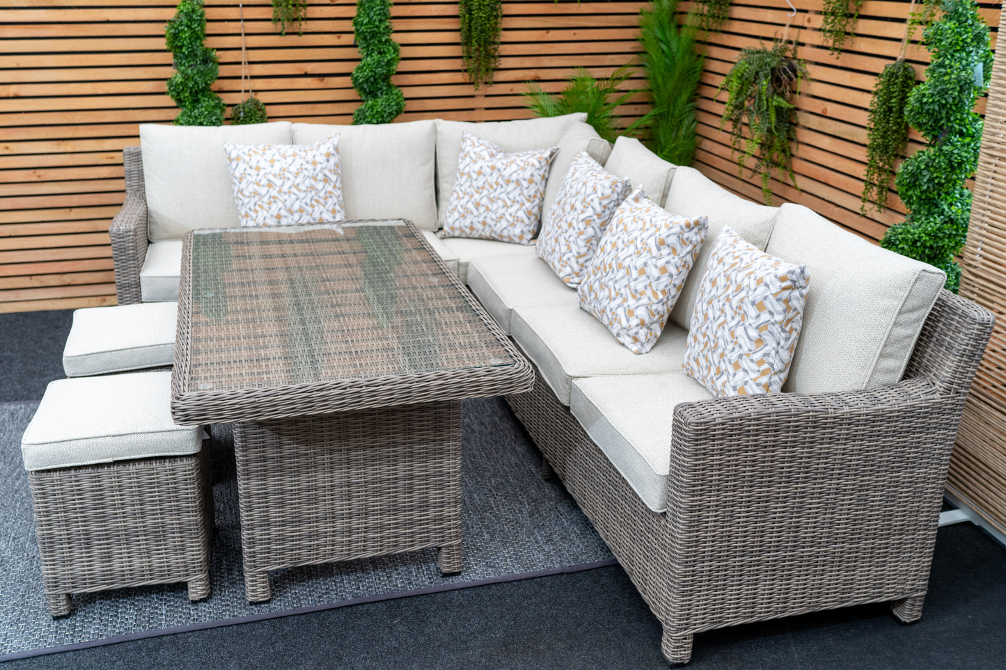 Kensington Right Hand High Corner Outdoor Dining Lounging Set | Wicker | Seats 7