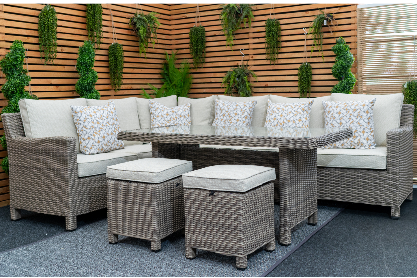 Kensington Right Hand High Corner Outdoor Dining Lounging Set | Wicker | Seats 7