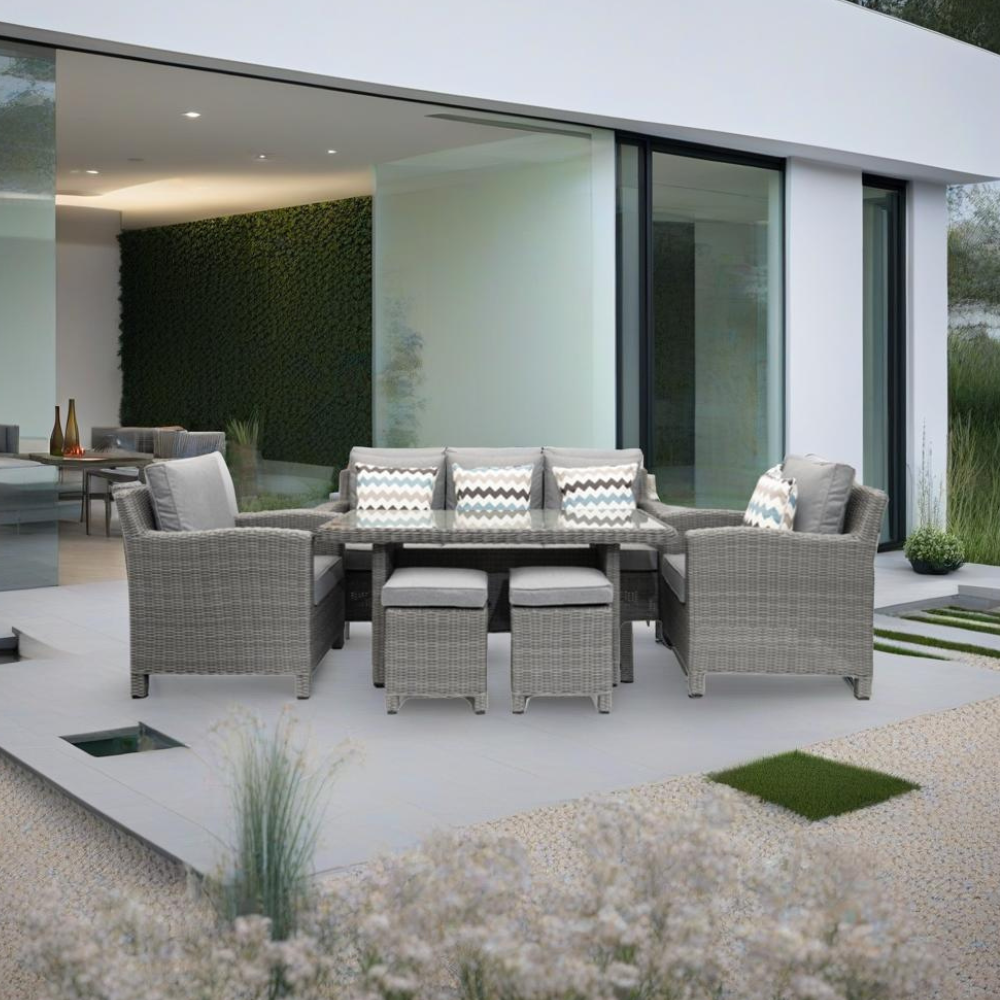 Kensington High 3 Seat Sofa & Armchair Outdoor Dining Set with Stools | Grey | Seats 7