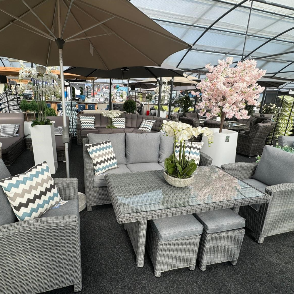 Kensington High 3 Seat Sofa & Armchair Outdoor Dining Set with Stools | Grey | Seats 7