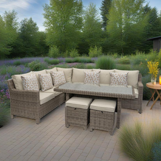 Kensington Right Hand High Corner Outdoor Dining Lounging Set | Wicker | Seats 7
