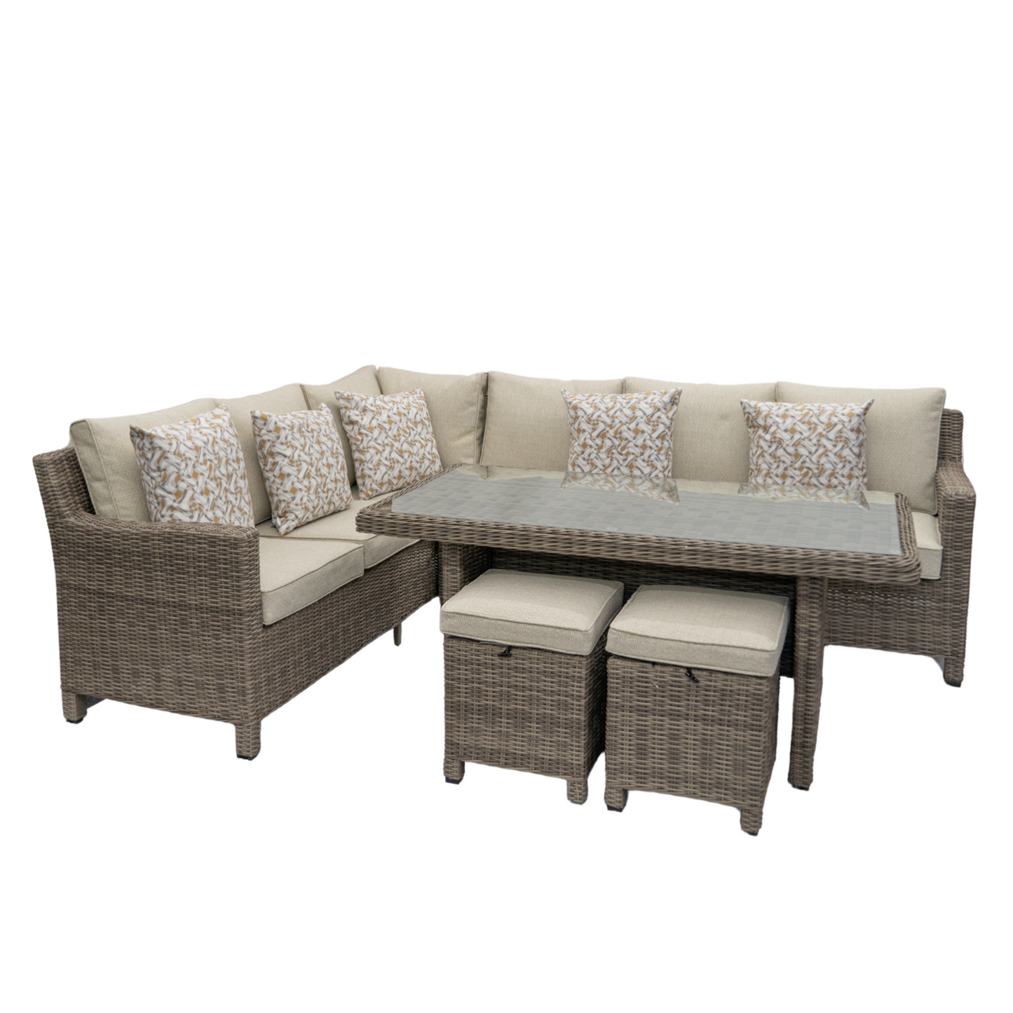 Kensington Right Hand High Corner Outdoor Dining Lounging Set | Wicker | Seats 7