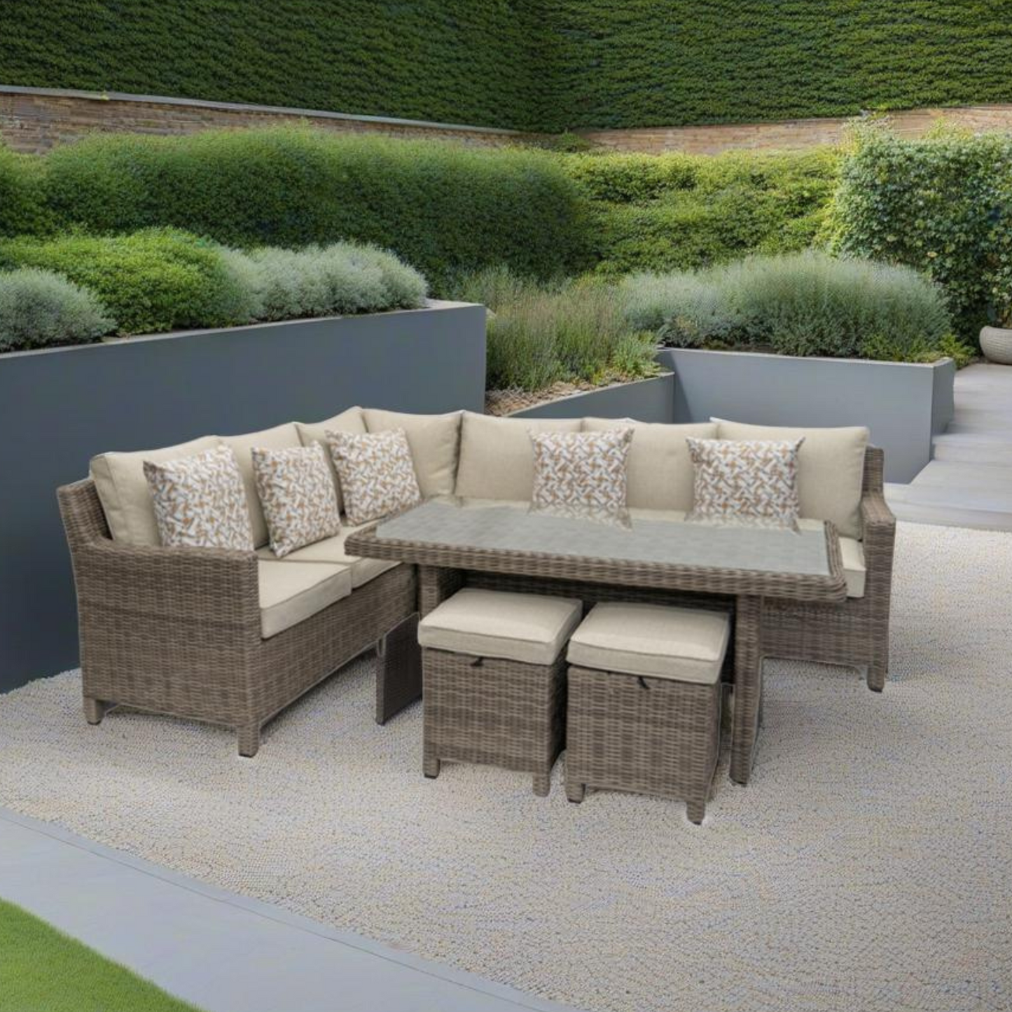 Kensington Right Hand High Corner Outdoor Dining Lounging Set | Wicker | Seats 7