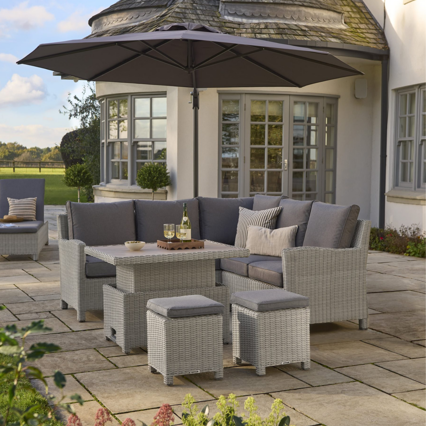 Kettler Palma Signature Mini Corner Sofa with Grey Taupe Cushion No Table | Whitewash Rattan