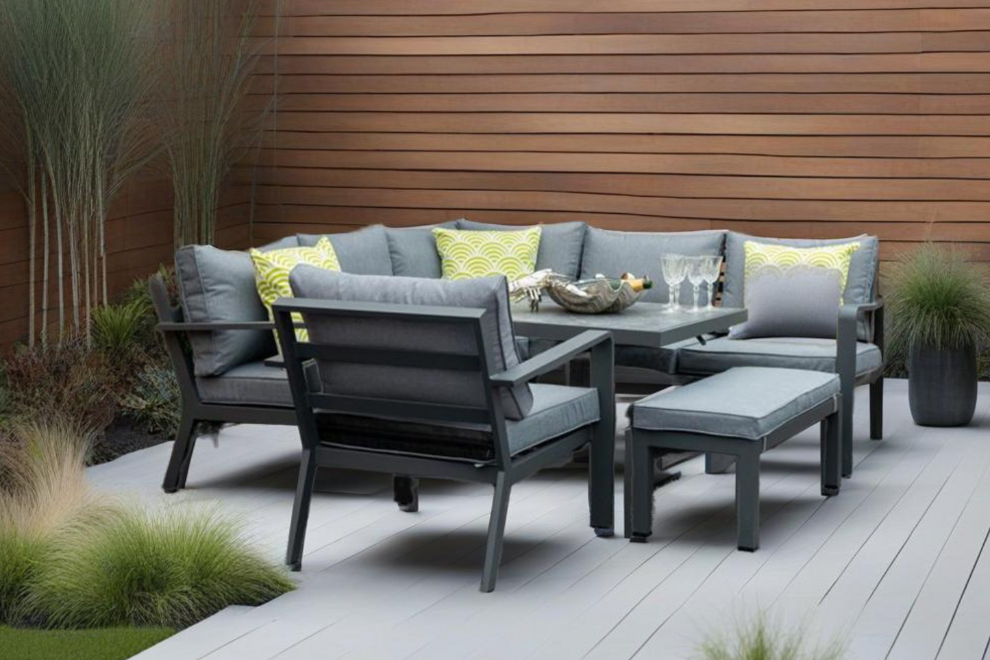 Mayfair Outdoor Compact Corner Sofa Lounging Dining Set with Rise & Fall Table