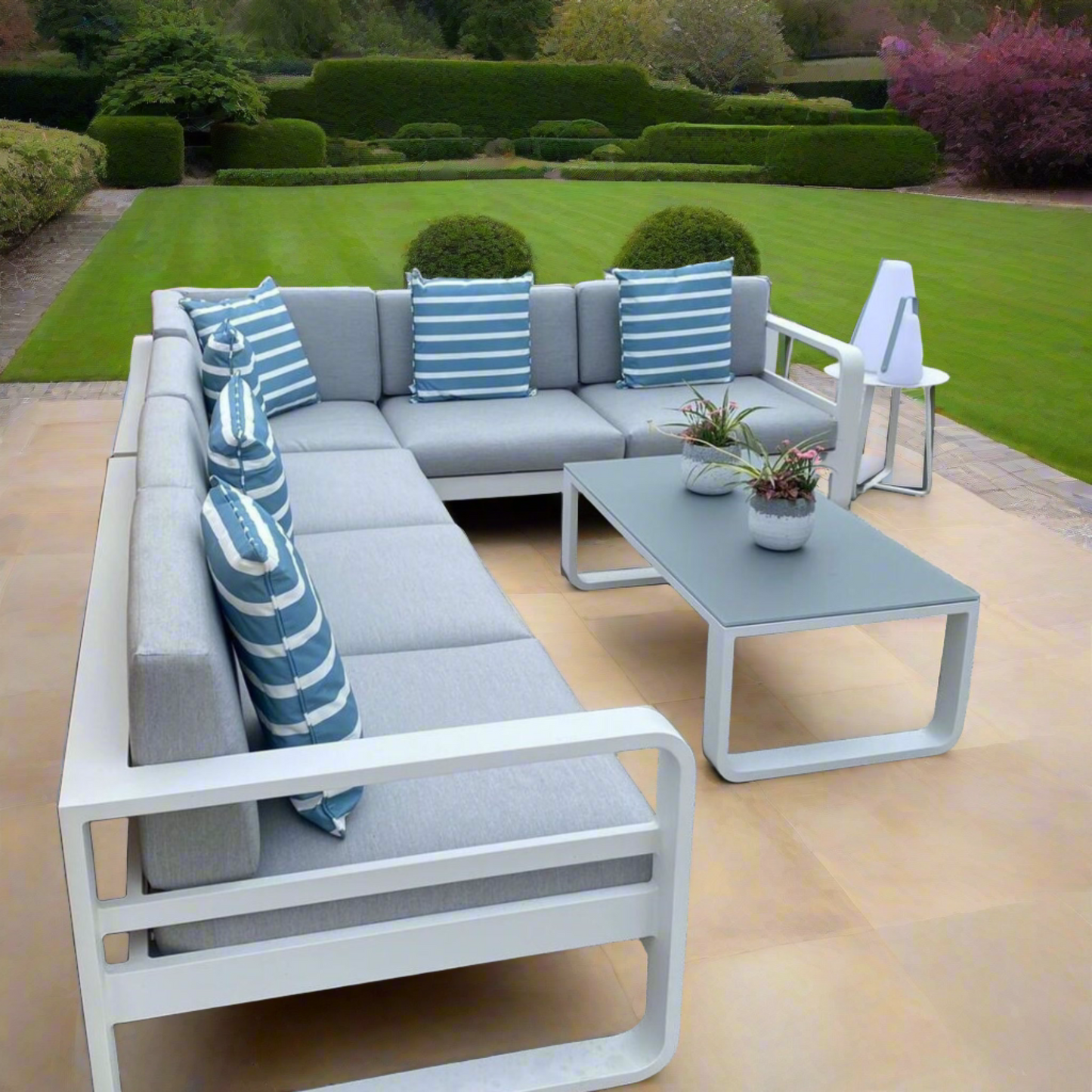 Jati & Kebon Coral Corner 6 Seat Garden Lounge Set - White Aluminium Frame  - Grey Sunbrella Cushions