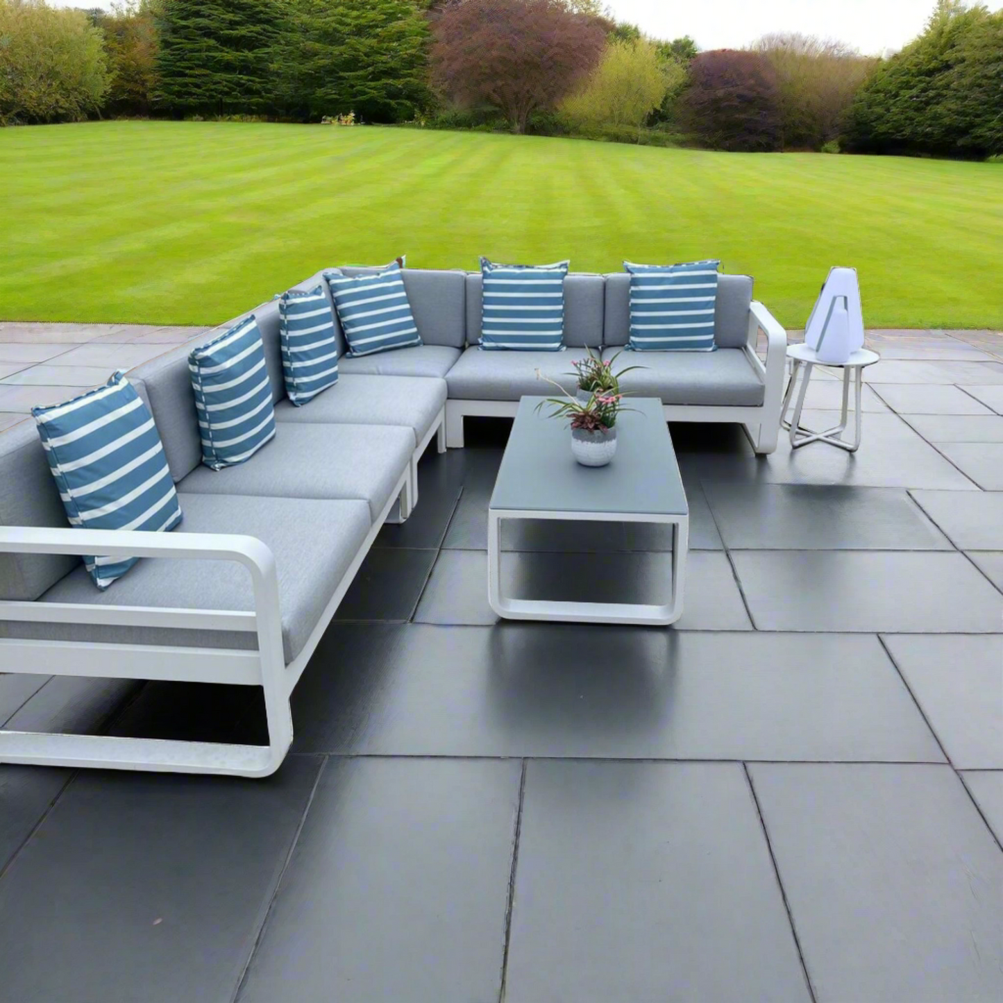Jati & Kebon Coral Corner 6 Seat Garden Lounge Set - White Aluminium Frame  - Grey Sunbrella Cushions